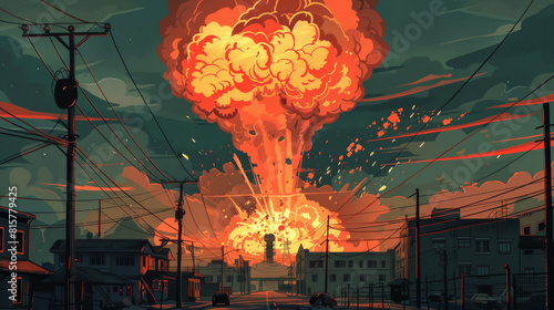 An intense atomic explosion wreaking havoc in a city setting, Day Against Nuclear Tests, banner photo