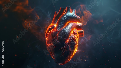 A dark, realistic human heart smolders with an inner fire.