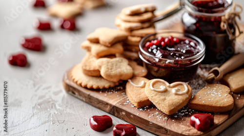 Board with tasty cookies and jam for Valentines Day  photo