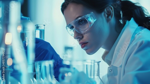A young female scientist wearing a lab coat and safety goggles carefully examines a test tube containing a blue liquid while conducting an important chemistry experiment in a moder photo