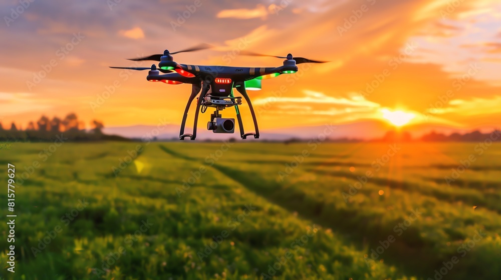 A drone flies over a field of crops at sunset. The drone is equipped with a camera and is being used to monitor the health of the crops. A drone flies over a field of crops at sunset. The drone is equipped with a camera and is being used to monitor the health of the crops.