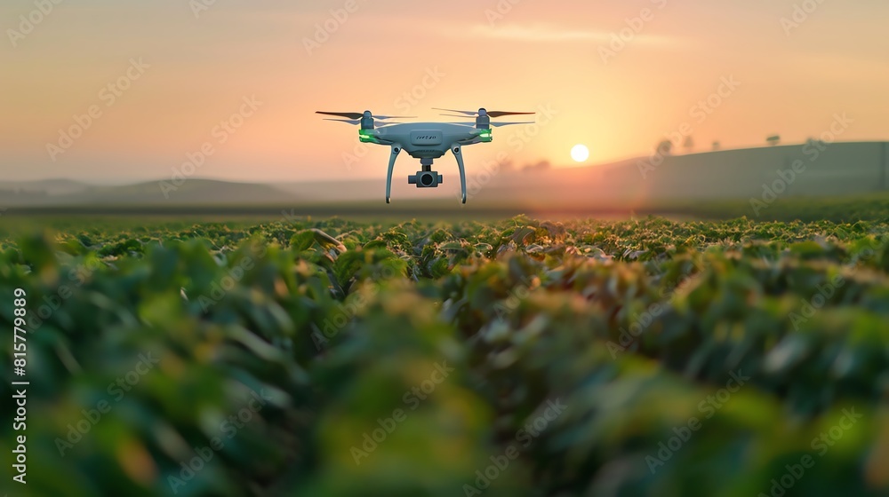 A drone flies over a field of crops, collecting data on the health of the plants. The data will be used to help the farmer make decisions about how to manage the crop. A drone flies over a field of crops, collecting data on the health of the plants. The data will be used to help the farmer make decisions about how to manage the crop.