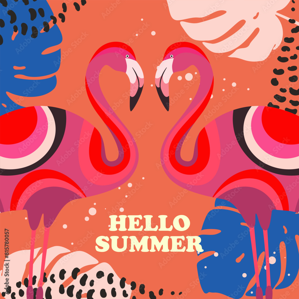 Obraz premium Hello summer. Summer background with tropical leaves, pink flamingos. Vector illustration.