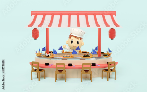 Japanese restaurant with sushi in the boat that runs around in the gutter isolated on blue background. conveyor belt sushi concept, 3d render illustration