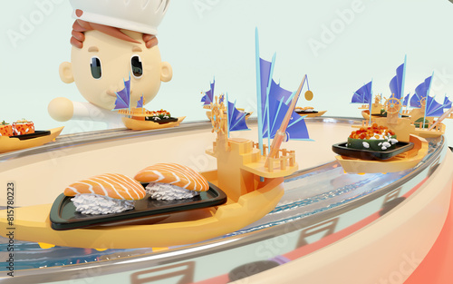 Japanese restaurant with sushi in the boat that runs around in the gutter isolated on blue background. conveyor belt sushi concept, 3d render illustration