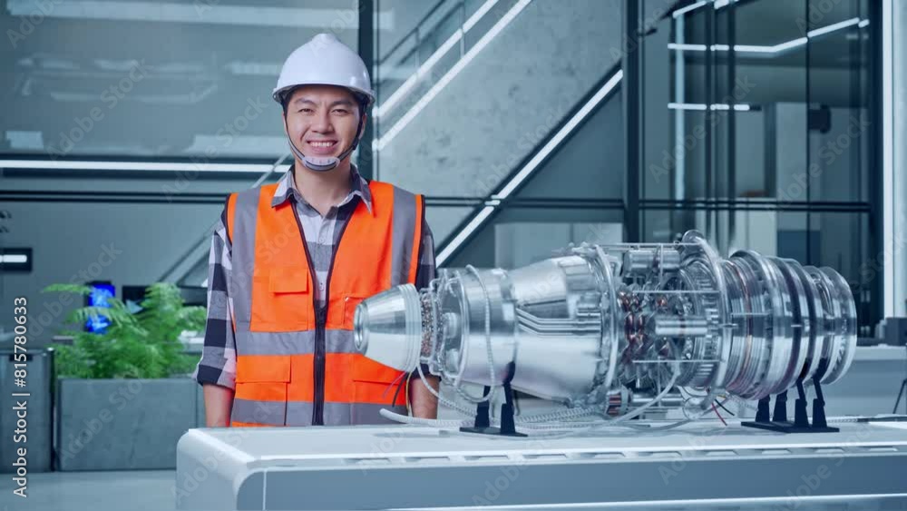 Asian Male Engineer With Safety Helmet Standing With Electric Engine for Innovative Project. Smiling To Camera Asian Male Engineer With Safety Helmet Standing With Electric Engine for Innovative Project. Smiling To Camera