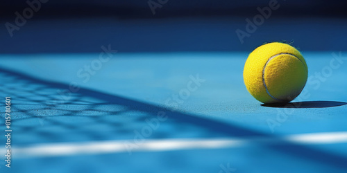 Fototapeta Naklejka Na Ścianę i Meble -  Yellow tennis ball on ground of blue hard tennis court, colorful panorama summer sports background
