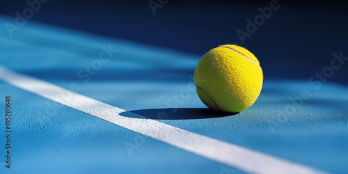 Yellow tennis ball on ground of blue hard tennis court, colorful panorama summer sports background