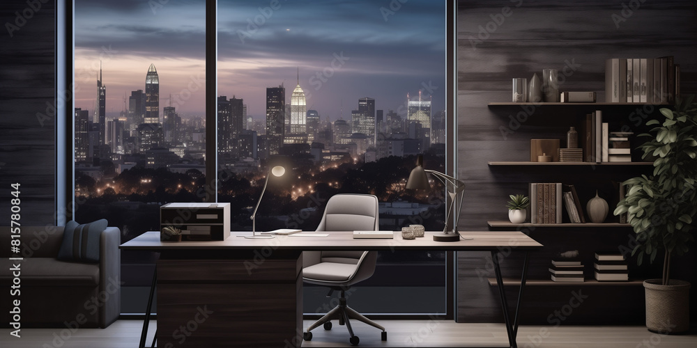 A contemporary home office with a wallpaper mural depicting a panoramic city skyline, paired with a sleek desk and ergonomic chair for a productive work environment. 