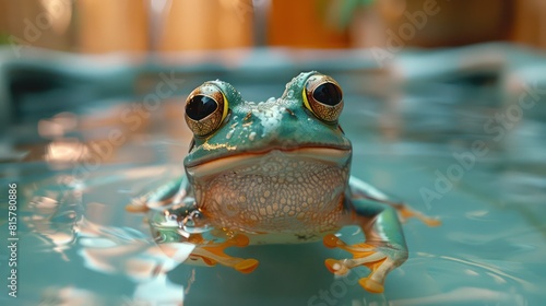 Frog swims in the pool  summer party  vacation background. Generative AI