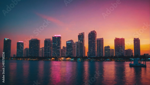 Futuristic Miami Skyline at Sunset, Synthwave Retro Aesthetic © xKas