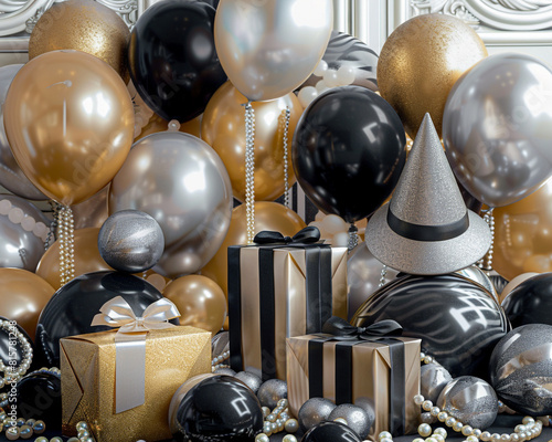 A Roaring Twenties birthday with black, gold, and silver balloons, pearl streamers, cloche hats, and gift boxes in art deco style at a Gatsby-esque mansion .