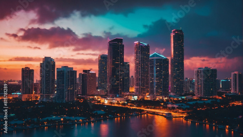 Futuristic Miami Skyline at Sunset  Synthwave Retro Aesthetic