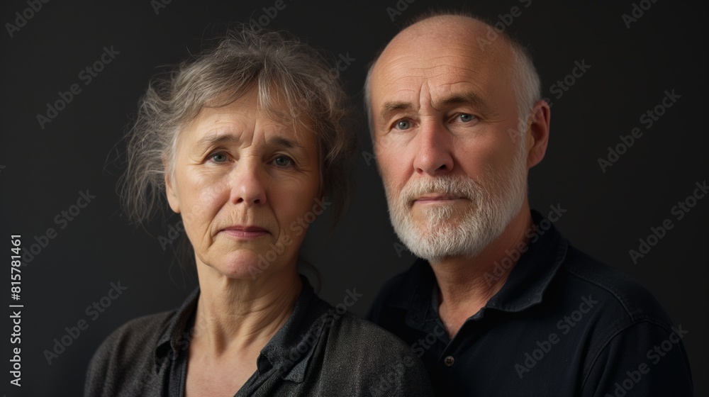 Portrait of husband and wife late 50s male and female Caucasian gray hair and beard looking at camera dark background Portrait of husband and wife late 50s male and female Caucasian gray hair and beard looking at camera dark background