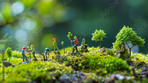 A group of miniature figures planting and watering trees on a vibrant bed of moss, illustrating reforestation in detail