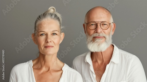 Portrait of husband and wife gray hair and beard late 50s male and female Caucasian in white tunic looking at camera light background