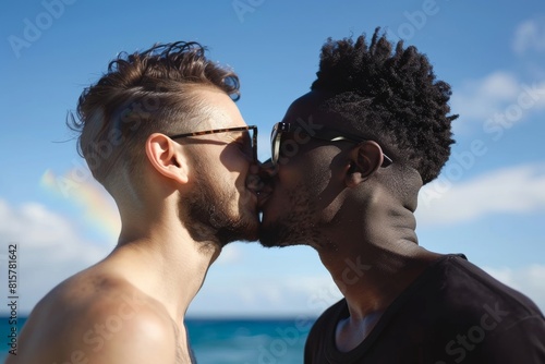 Young gay couple kissing on beach. Sunshine, ocean and sand. Multiethnic LGBTQ couple spending time together in nature. Gay lifestyle concept. Summer vacation and travel. Freedom and pride LGBT people