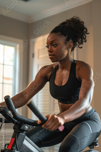 Well-equipped home gym featuring a fit African American woman engaging in a cycling workout, prioritizing her health and wellness, and showcasing the benefits of regular exercise