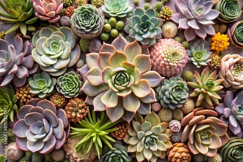 A group of miniature succulent flowers of succulents. Close-up of the multicolored tops of the echeveria plant. Flowering indoor plants.