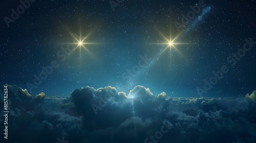 A heavenly scene with three glowing stars in the night sky  signifying the Trinity s divine presence