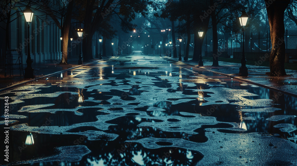 Obraz premium Abstract design of a rain-soaked street at night, where the reflections and puddles form patterns similar to cow skin, illuminated by street lamps in a moody, atmospheric scene.