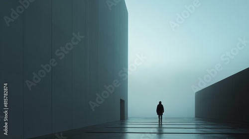Silhouette of man walking in alley of structure concrete wall white sky background