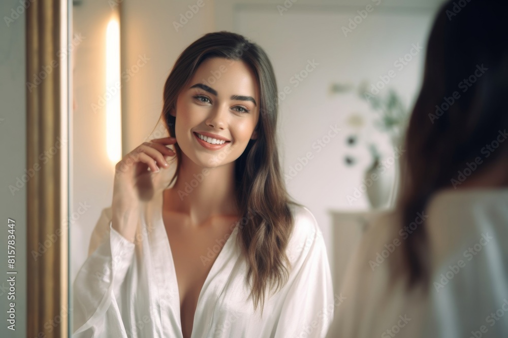 Portrait Of Attractive Happy Woman Looking At Mirror In Bathroom, Beautiful Millennial Lady Wearing White Silk Robe Smiling To Reflection, Enjoying Her Appearance, Selective Focus Portrait Of Attractive Happy Woman Looking At Mirror In Bathroom, Beautiful Millennial Lady Wearing White Silk Robe Smiling To Reflection, Enjoying Her Appearance, Selective Focus