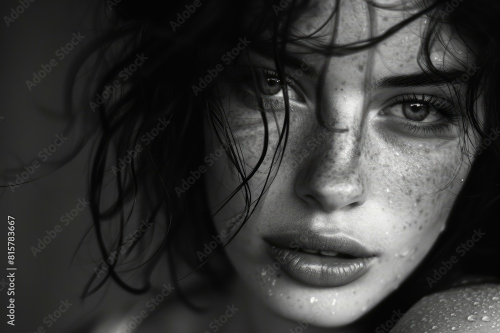 Close-up portrait in black and white, capturing the captivating stare of a woman with freckles Close-up portrait in black and white, capturing the captivating stare of a woman with freckles