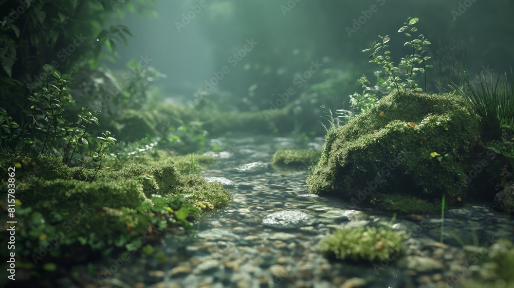 small river water flow slowly next to bushes in lush green tropical forest in morning small river water flow slowly next to bushes in lush green tropical forest in morning
