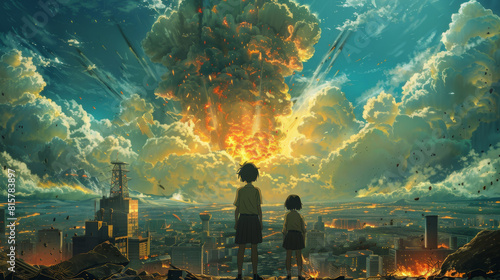 Two children stand tall in front of a city as an nuclear explosion creates a powerful backdrop, anime poster photo