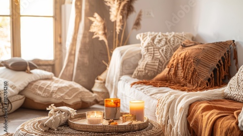 Interior design, warm blanket and burning candle. Sofa, upholstered furniture. The comfort of home.