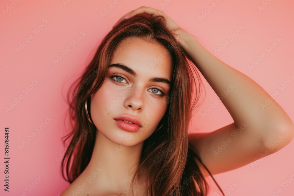 A young woman poses gracefully with a captivating gaze against a vivid pink background A young woman poses gracefully with a captivating gaze against a vivid pink background