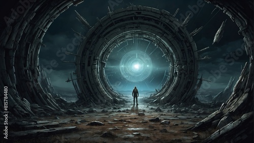 From the depths of the wasteland emerges a portal to a parallel universe, its ominous presence a reminder of the fragility of our own reality. Will you dare to enter?