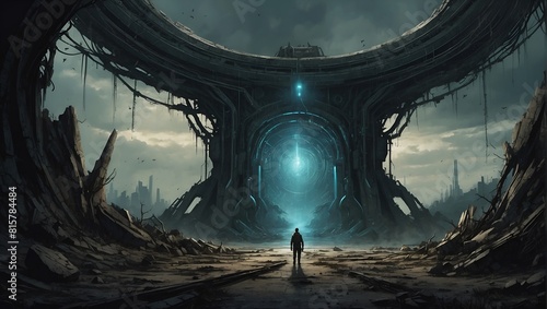 From the depths of the wasteland emerges a portal to a parallel universe, its ominous presence a reminder of the fragility of our own reality. Will you dare to enter? photo