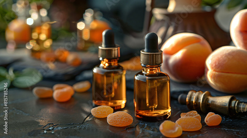 Bottles of apricot essential oil on dark background