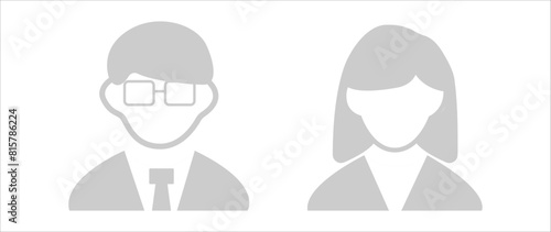 Vector flat illustration in grayscale. Man and woman icons. Avatar, user profile, person icon, profile picture. Suitable for social media profiles, icons, screensavers and as a template.