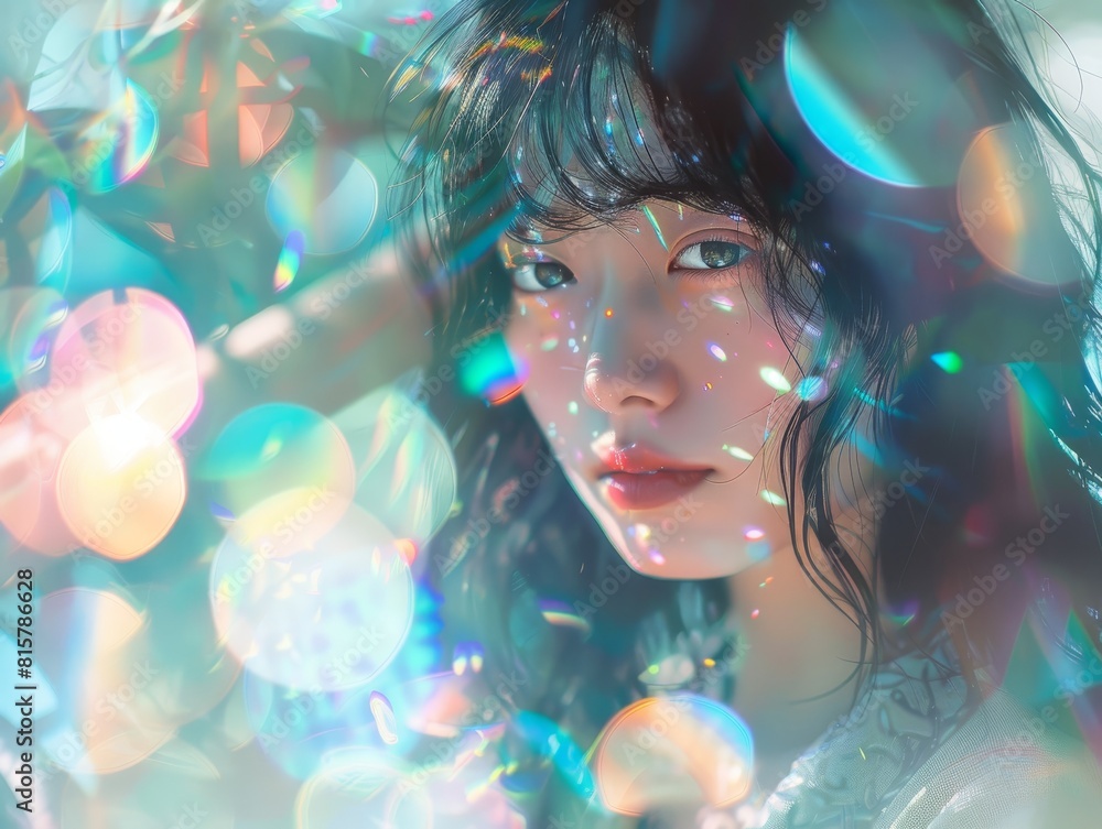 cute asian young girl face portrait studio close up with rainbow holographyc lights on her, posing on camera cute asian young girl face portrait studio close up with rainbow holographyc lights on her, posing on camera