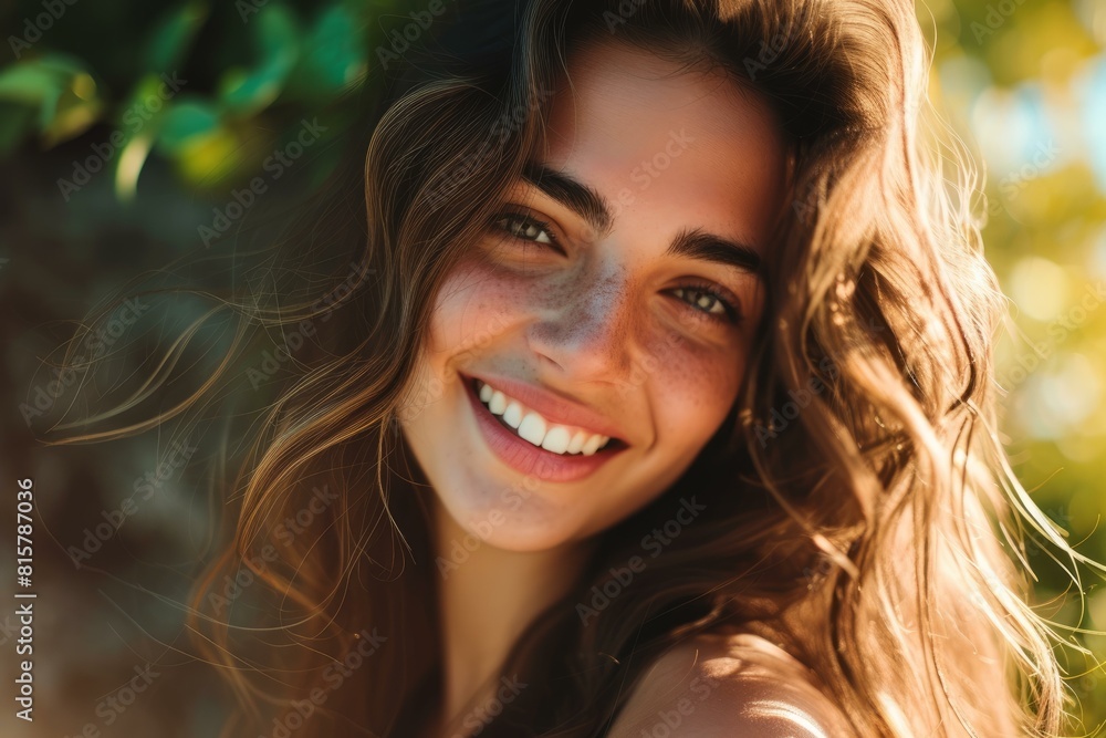 Beautiful young woman with a radiant summer smile enjoying the warm sunlight and natural beauty of the outdoors. Exuding happiness. Joy Beautiful young woman with a radiant summer smile enjoying the warm sunlight and natural beauty of the outdoors. Exuding happiness. Joy