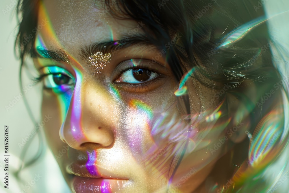 cute indian young girl face portrait studio close up with rainbow lights on her cute indian young girl face portrait studio close up with rainbow lights on her