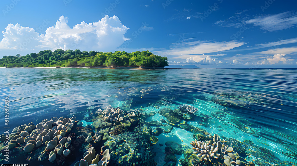 Fototapeta premium A photo of the Menjangan Island, with vibrant coral reefs as the background, during a calm morning