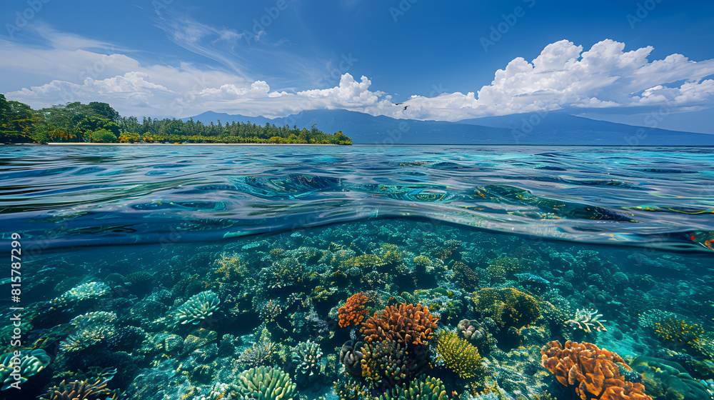 A photo of the Menjangan Island, with vibrant coral reefs as the background, during a calm morning A photo of the Menjangan Island, with vibrant coral reefs as the background, during a calm morning