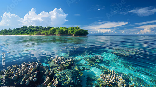 A photo of the Menjangan Island, with vibrant coral reefs as the background, during a calm morning photo