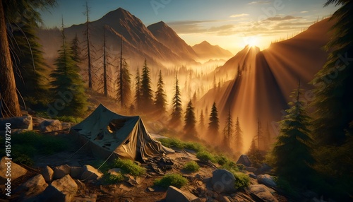 A lone tent nestled among towering mountains, illuminated by sunlight rays through mist, offering an epic base for hiking adventures.