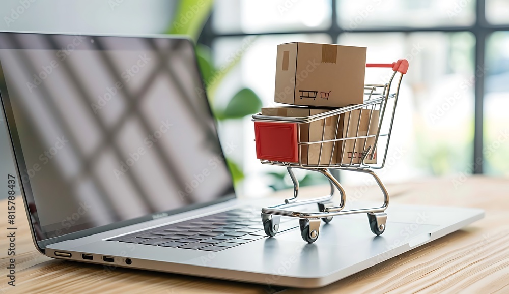 a miniature shopping cart with boxes sitting on top of an open laptop computer