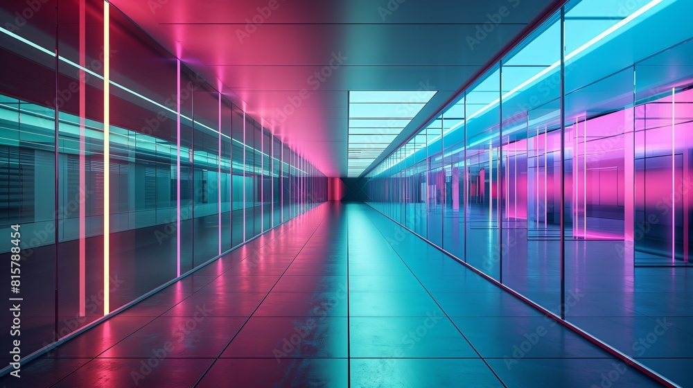 A long corridor with glass walls, blue and pink neon light, futuristic architecture. A long corridor with glass walls, blue and pink neon light, futuristic architecture.