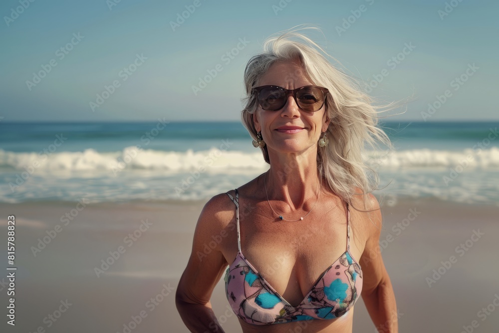 Stunning middle-aged woman with grey hair poses at beach generative ai Stunning middle-aged woman with grey hair poses at beach generative ai