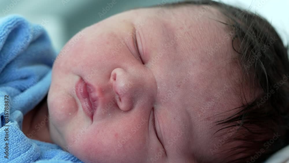 Serene close-up of a newborn sleeping peacefully, capturing the delicate features and pure innocence of new life in a moment of tranquility Serene close-up of a newborn sleeping peacefully, capturing the delicate features and pure innocence of new life in a moment of tranquility