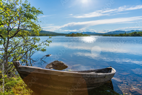 Summer view across a lake in the vast highlands in northern Sweden