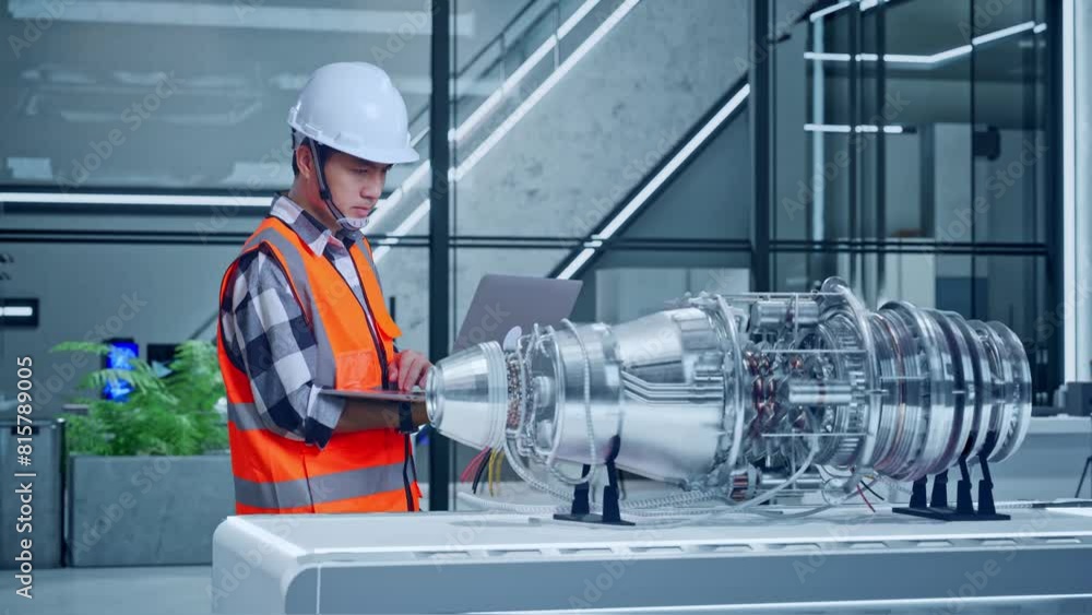 Side View Of Asian Male Engineer With Safety Helmet Working On A Laptop While Standing With Electric Engine for Innovative Project Side View Of Asian Male Engineer With Safety Helmet Working On A Laptop While Standing With Electric Engine for Innovative Project