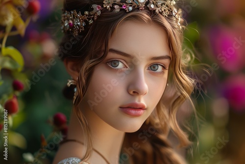 Radiant Beautiful young princess. Elegant regal daughter posing indoor. Generate ai